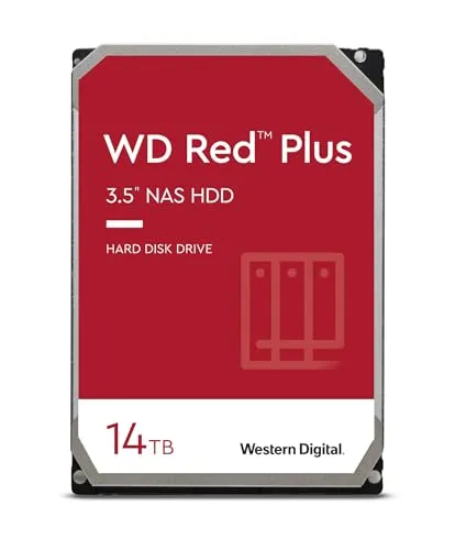 WD Red Plus interne Festplatte NAS 14 TB (3,5'', Datenübertragung bis 210 MB/s, Workload 180 TB/Jahr, 7.200 U/min, 512 MB Cache, 8 Bays) Rot
