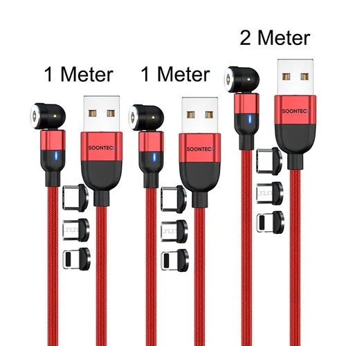 SOONTEC Magnet Ladekabel 3er Set - 360°&180° drehbar, 2m+1m+1m, 2,4A - Handykabel mit 3-in-1 magnetischen Anschlüssen für Lightning, USB-C und Micro-USB. Einfaches, sicheres Laden mit einer Hand dank der magnetischen Verbindung.