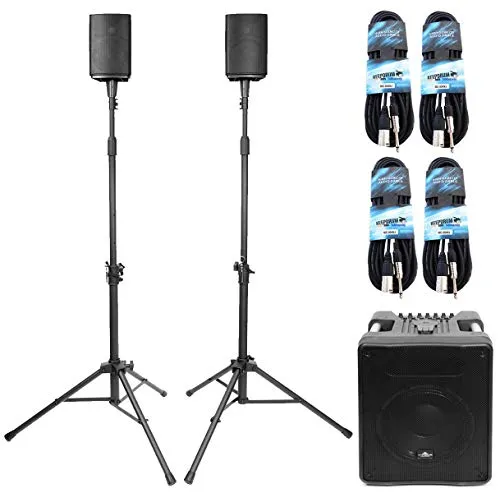 Vyrve Audio MIZAR PA-System mit 4 XLR-Klinkenkabel - Kompaktes PA-System mit 250W Leistung und integriertem 8-Kanal Mixer, ideal für Partys und kleinere Konzerte. Inklusive tragbarem Subwoofer und zwei Satellitenboxen.
