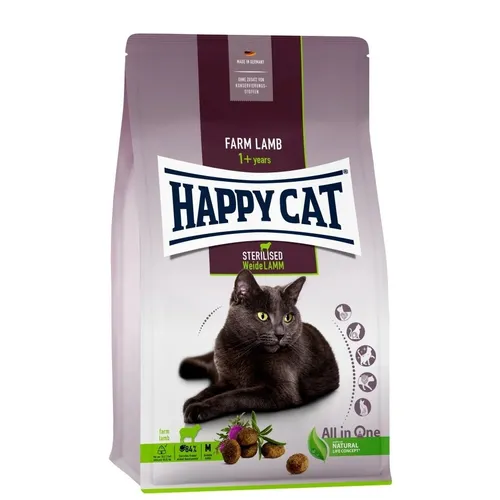 Happy Cat Sterilised Adult Weide Lamm 10kg - Katzenfutter für kastrierte Katzen, mit leicht verdaulichem Weide-Lamm und nur 10,5 % Fett, unterstützt ein vitales Katzenleben und eignet sich auch für sensible Katzen.