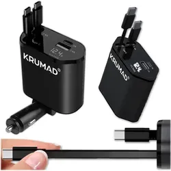 KRUMAD USB-C Autoladegerät 120 W – Zigarettenanzünder 12–24 V mit 2 integrierten Kabeln (USB-C & Lightning), USB-A/USB-C Ports & LED-Anzeige