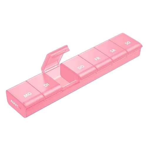 AUVON Tablettenbox 7 Tage, Pillendose mit verbessertem offenem Design, Medikamentenbox Deutsch, BPA-freier tragbarer Pillenbox für Medikamente, Vitamine, Fischöl, Nahrungsergänzungsmittel usw.(Rosa)