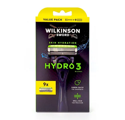 Wilkinson Rasierklingen HYDRO 3 Skin Hydration Rasierer + 8 Ersatzklingen, mit feuchtigkeitserhaltenden Gel-Reservoir