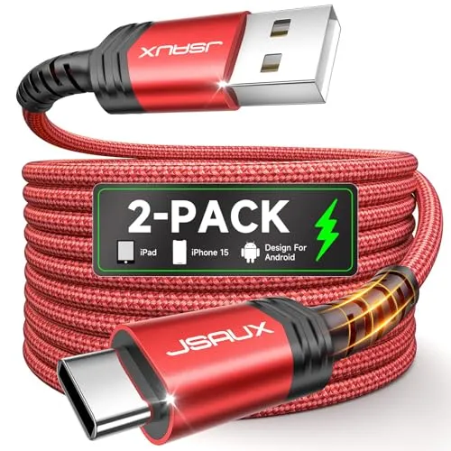 JSAUX USB C Kabel 3.1A [2 Stück 2M], Ladekabel USB C Nylon Geflochten Schnellladekabel Kompatibel mit Samsung Galaxy S25 S24 S23 Ultra S22 S21, iPhone 17 16 15 Pro Max, CarPlay, PS5 Controller-Rot