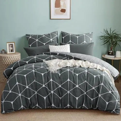 RUIKASI Bettwäsche 200x220 Baumwolle 3 teilig Anthrazit - Baumwollbettwäsche 200 x 220 mit Geometrie Muster, Bettbezug Set 220x200 Cotton mit Reißverschluss