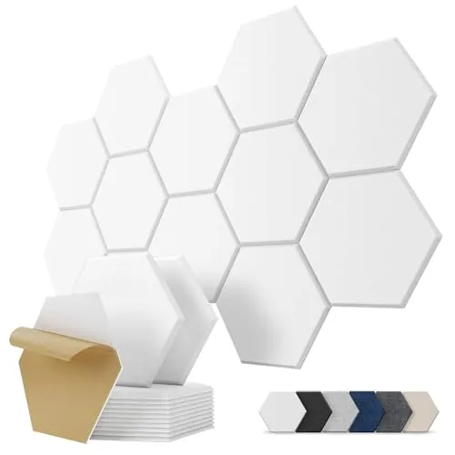Hexagon Akustikplatten Selbstklebend, 12 Stück Hohe Dichte Schallabsorber für Decken-/Tür-/Wanddekoration und Akustische Behandlung, Studio/home/Gaming Deko (30x26x0.9cm)