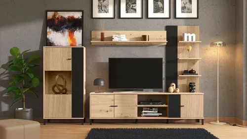 INOSIGN Wohnwand Avignon – Komplett-Set mit Highboard und TV-Board - Wohnzimmerschränke, modernes Design mit dekorativen schwarzen Streifen und viel Stauraum, passend für TVs bis 58 Zoll, FSC®-zertifiziert und pflegeleicht.
