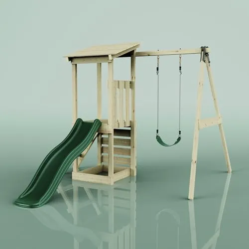 OutdoorToys Spielturm Lyon Dunkelgrün mit Schaukel - Robuster Spielturm aus unbehandeltem Holz in Dunkelgrün, ideal für kleine Abenteurer. Mit Einzelschaukel und spritzgegossener Rutsche für aufregenden Spielspaß. Inklusive Bodenanker für sicheren Stand.