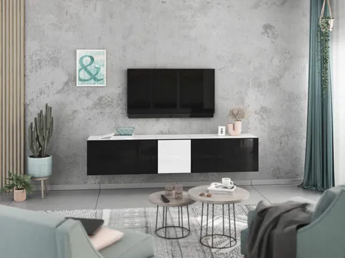 Lowboard VARIANTO 3, 3-teilig, hängend in Weiß Matt und Schwarz Hochglanz - Elegantes TV-Lowboard mit griffloser Optik. Bietet praktischen Stauraum und lässt sich flexibel montieren. In verschiedenen Farben erhältlich, passt es perfekt in jedes moderne Wohnzimmer.