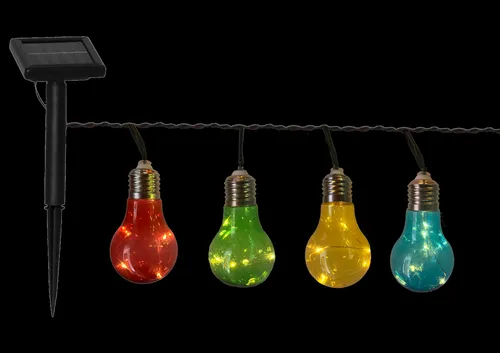 Mini-Bulby Solar-Lichterkette - Die Mini-Bulby Solar-Lichterkette mit 10 bunten LED-Birnen sorgt für eine stimmungsvolle Atmosphäre im Außenbereich. Sie wird durch Sonnenenergie betrieben und ist somit unabhängig vom Stromnetz.