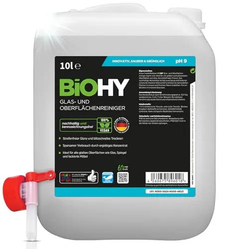 BiOHY Glas- und Oberflächenreiniger (10 Liter Kanister) + Auslaufhahn | Glasreiniger Konzentrat für streifenfreien Glanz | ergiebiger Glas & Kunststoffreiniger | Fettlöser & Kalkreiniger