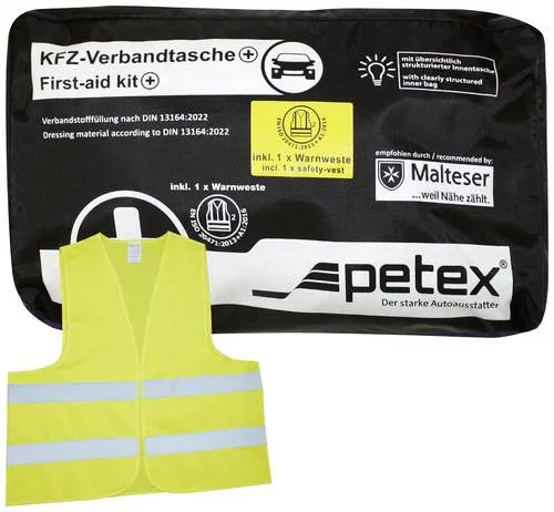 Petex 43939704 Plus schwarz DIN 13164:2022 inkl. Warnweste gelb EN 20471 Verbandtasche Inkl. Warnweste Pkw, Wohnmobile, Van, SUV