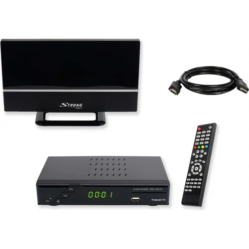 SET-ONE EasyOne 740 DVB-T2 Bundle mit Freenet TV - TV-Receiver Bundle mit aktiver Antenne und HDMI-Kabel für besten Empfang von terrestrischem Fernsehen, ideal für Serien- und Filmliebhaber.