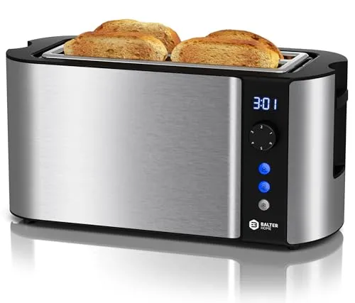 Balter Toaster TS-04-LCD Edelstahl Silber - Toaster für 4 Scheiben mit LCD Restzeitanzeige und Auftaufunktion, ideal für ein schnelles Frühstück.