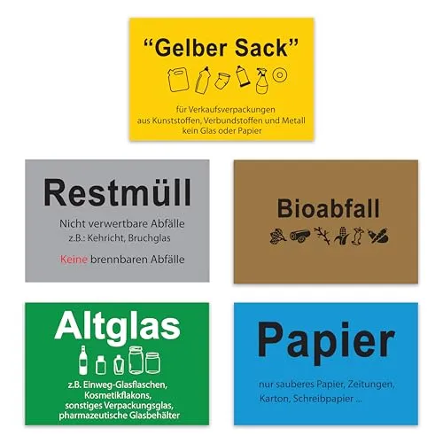 DinAliX 5 x Mülltrennung Aufkleber | 15 x 10 cm Premium-Vinyl Aufkleber Mülltonne | Selbstklebender, Wasserfester, UV-beständiger Etikett Mülltrennung