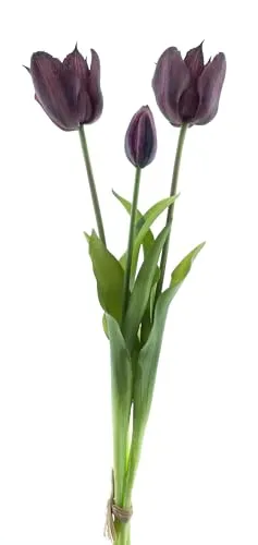 mucplants künstliche offene Tulpen 48cm Open Tulpenbündel mit 2 Tulpen und 1 Tulpenknospe real Touch (Aubergine)