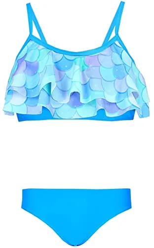 Aquarti Mädchen Bikini Set Bustier Bikinislip Zweiteiliger Badeanzug, Farbe: 030G mit Rüschen/Meerjungfrau Blau/Grün/Violett, Größe: 116