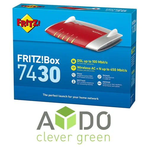 AVM FRITZBox 7430 INTERNATIONAL - VDSL DSL VOIP Modem Router - Modem-Router-Kombination mit bis zu 450 Mbps WLAN, ideal für schnelles Internet und VoIP-Telefonie, ausgestattet mit 4 LAN-Anschlüssen und USB 2.0.