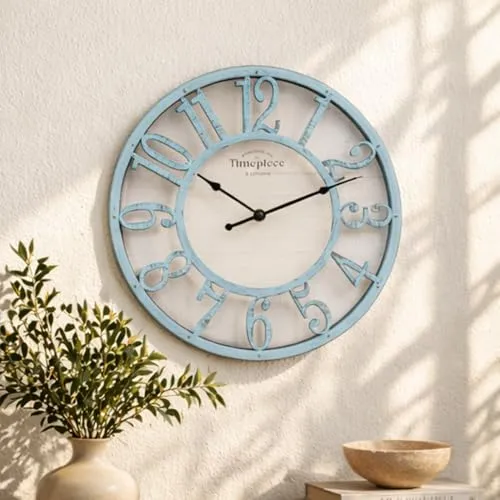 K&L Wall Art große Vintage Wanduhr - Industrielle Landhaus Wanduhr in Holz-Metalloptik, lautloses Quarzwerk für ruhige Räume, ideal für Flur und Küche, große Ziffern für einfache Lesbarkeit.