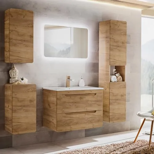 Lomadox Badmöbel-Set LUTON-56-CRAFT - Badezimmer Komplettset in Wotan Eiche Nb. mit grifflosen Design und Soft-Close-Funktion für komfortable Nutzung und modernes Ambiente.