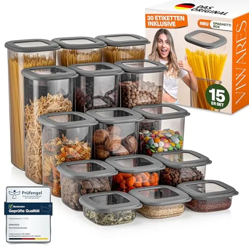 Viwares 15er Set luftdichte Vorratsdosen mit Deckel - Praktisches 15er Set luftdichter Vorratsdosen für die Aufbewahrung von Lebensmitteln. Ideal für Müsli, Mehl und Gewürze – schützt vor Feuchtigkeit und Gerüchen. Stapelbar und platzsparend, BPA-frei für sichere Lagerung.