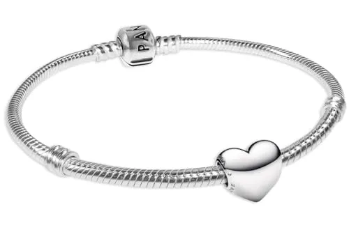 Pandora Charm-Armband Silber Starter-Set Be Love Herz - Silberarmbänder, aus hochwertigem 925 Sterlingsilber, 19 cm lang, glänzende Schlangenkette mit Klappverschluss – perfekt für persönliche Charm-Kreationen!