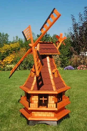 Windmühle kugelgelagert mit Solarbeleuchtung, 100 cm hoch - Wetterfeste Windmühle aus Holz mit rotierenden Flügeln und Solarbeleuchtung – ein Blickfang für Garten und Terrasse.