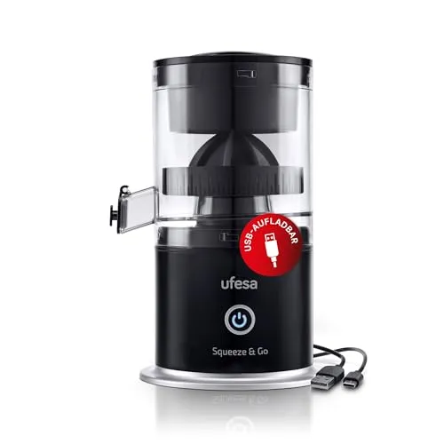 Ufesa Squeeze & Go - Tragbare Elektrische Zitruspresse - Kabelloser Entsafter mit 1500mAh Akku, ideal für frischen Saft unterwegs. BPA-frei und einfach zu reinigen, perfekt für Reisen oder zu Hause.