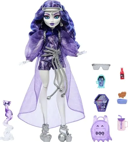 Monster High Spectra Vondergeist Puppe mit Zubehör und Frettchen Rhuen - Puppen-Kategorie: Geisterhafte Eleganz mit vielen Zubehörteilen für kreativen Spielspaß und ein mysteriöses Frettchen als Begleiter!