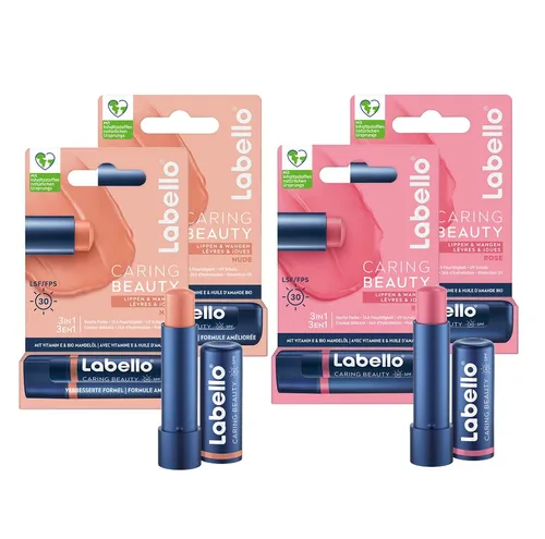 Labello Lippenpflegestift Lippenpflege Set CARING BEAUTY 2x NUDE + 2x ROSE, 4-tlg.