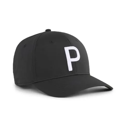 Puma Heritage P Tech Cap - puma black-white glow (01) ADULT - Hüte & Caps, ideal für Golfer mit feuchtigkeitsableitendem FLEXFIT 110 Schweißband und gebogenem Schirm für optimalen Komfort und Style auf dem Golfplatz.