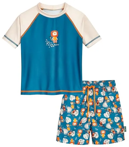 Playshoes 2tlg. Badeoutfit in Blau/Creme/Bunt, Größe 122/128 - Baby-Bademode mit UV-Schutz 50+, schnelltrocknend und ideal für den Strand oder Poolbesuche.