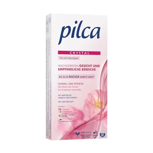 Pilca Kaltwachsstreifen für das Gesicht - Enthaarungsstreifen auch für empfindliche Stellen - 1er Pack (1 x 20 Stück gebrauchsfertige Kaltwachsstreifen ohne Erwärmen + 4 Pflegetücher)