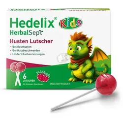 Hedelix Herbalsept Husten Lutscher Kids - Arzneimittel für Kinder, mit wohltuenden Inhaltsstoffen wie Isländisch Moos und Himbeergeschmack, die Hustenreiz lindern und die Einnahme erleichtern.