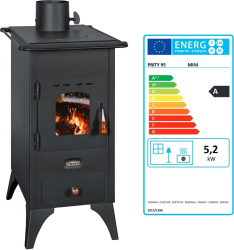 Kaminofen Prity Mini 5 kW - Schwarz, Multi Kraftstoff - Kaminofen für Wohnzimmer, Esszimmer oder Küche mit 76,9 % Wirkungsgrad. Ideal für Holz und Holzbriketts, kompakte Abmessungen und effiziente Wärmeleistung.