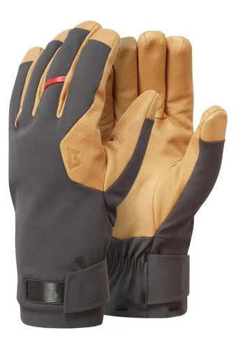 Mountain Equipment Multisporthandschuhe Direkt Glove Obsidian/Tan - Hochwertige Softshell-Handschuhe für Kletterer. Präzise Passform, wasserabweisendes Ziegenleder und reflektierende Wärmeisolierung sorgen für Komfort und Schutz bei anspruchsvollen Touren.