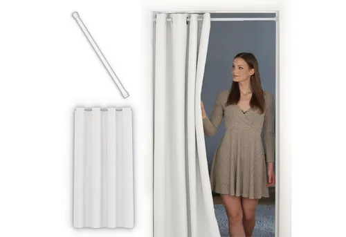 Tinycurtains Türvorhang Weiß 150 cm x 195 cm – Blickdicht & Thermo - Praktischer Türvorhang mit Teleskopstange (70-120 cm), blickdicht und verdunkelnd. Ideal für moderne Räume, sorgt für angenehmes Raumklima und einfachen Einbau ohne Bohren.