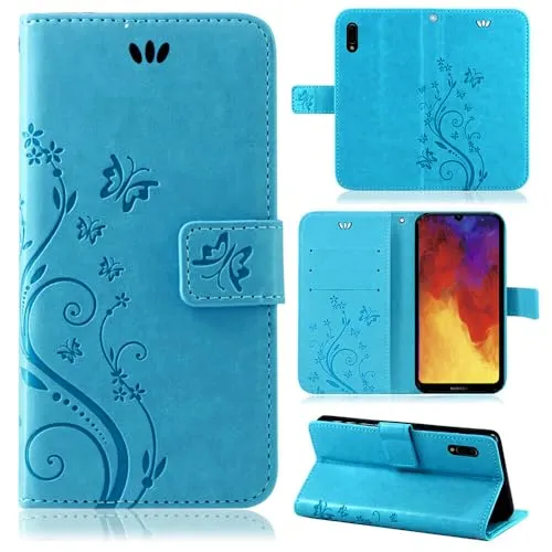 betterfon Hülle Kompatibel mit Huawei Y6 (2019) | Premium PU Leder Handyhülle Wallet Case für Y6 (2019) | Schutzhülle Blumen Klapphülle Handyhülle | Blau