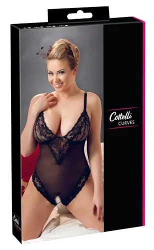 Cottelli Collection Plus X-Large ouvert Body - Erotische Bodys aus schwarzem Material, perfekt für verführerische Anlässe und betont die Kurven.