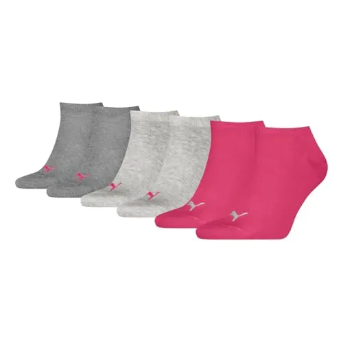 PUMA 3 Paar Unisex Herren Damen Sportsocken Kurzsocken Sneaker Socken, Farbe:Mehrfarbig, Größe:39-42, Artikel:-656 middle grey melange/pink