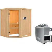 Woodfeeling Sauna Faurin mit 9 kW Ofen und Glastür - Massivholzsauna mit externer Steuerung, ideal für Zuhause. Genießen Sie optimale Wärmeisolierung und edles Espenholz für angenehmes Saunieren.