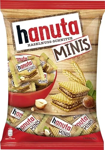 Hanuta Minis - knusprige Mini Haselnuss Schnitte einzeln verpackt - 200 g - Genießen Sie die leckeren hanuta Minis mit knusprigen Waffeln und zarter Haselnusscreme. Ideal für jeden Anlass, perfekt portioniert zum Teilen oder für unterwegs. Ohne Farb- und Konservierungsstoffe.