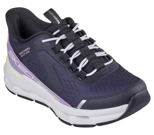SKECHERS "GLIDE-STEP" Slip-On Sneaker für Kinder - Sportliche Slip-On Sneakers aus Lederimitat in schwarz-lila mit kontrastfarbenen Details. Ideal für aktive Kinder, ausgestattet mit Skechers Air-Cooled Memory Foam für optimalen Tragekomfort.