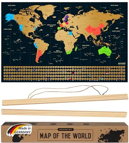 envami® Weltkarte zum Rubbeln I Mit Rahmen I Gold I Made in Germany I Englisch I 68 x 43 cm I Rubbel Landkarte zum Rubbeln I zum Freirubbeln I Rubbelweltkarte I Scratch Off Map