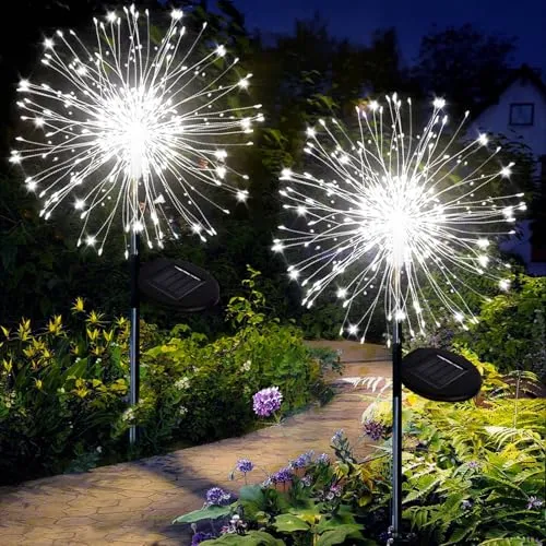 Joycome Solarleuchten für Außen 2 Stück 120 LED Feuerwerk Solarlampen, 8 Modi Gartenleuchten Solar Wetterfest Pusteblume Gartenstecker, Gartenbeleuchtung für Balkon Blumenkästen Terrassen Deko - Weiß