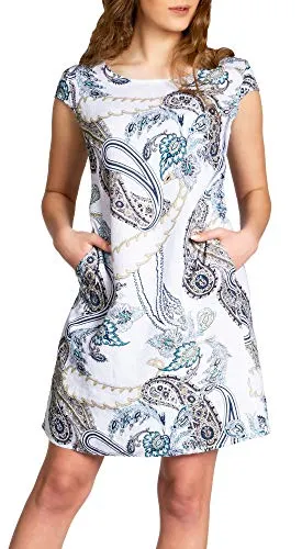 Caspar SKL022 Damen Sommer Leinenkleid mit Paisley Print in Weiß, Größe 4XL - Bequemes Damen Sommerkleid aus 100% Leinen mit klassischem Paisley-Muster. Ideal für heiße Tage, mit leicht tailliertem Schnitt und elastischen Einsätzen für optimalen Tragekomfort. Verfügbar bis Größe 50.