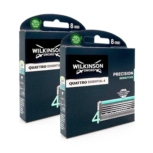 Wilkinson Quattro Essential 4 Precision Sensitive Rasierklingen, 16-tlg. - Rasierklingen mit langlebiger Titanium-Diamant-Beschichtung für eine extrem scharfe Rasur. Angereichert mit Jojoba-Öl und Aloe Vera für sanften Hautkontakt und weniger Irritationen.
