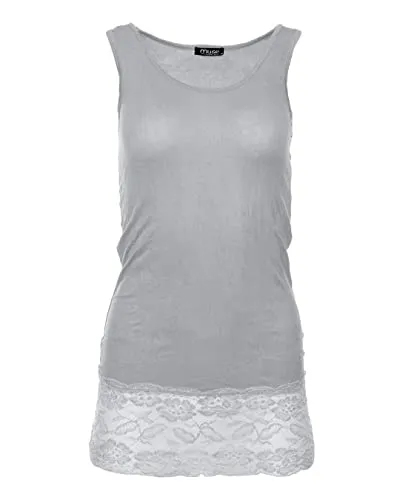 Easy Young Fashion - Damen Trägertop mit Spitzensaum - langes Unterziehshirt Skinny Fit 0518 (Hellgrau S/M)