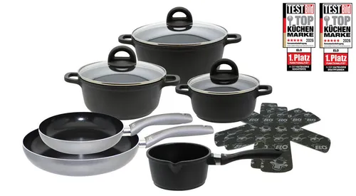 Elo Topf-Set "Black, Ducato", schwarz – 7-teilig - Vielseitiges Kochgeschirrset mit langlebiger ELODUR Select Antihaftversiegelung für müheloses Kochen und Reinigen. Ideal für alle Herdarten, inklusive Induktion, und ausgestattet mit praktischen Funktionen für Ihre moderne Küche.