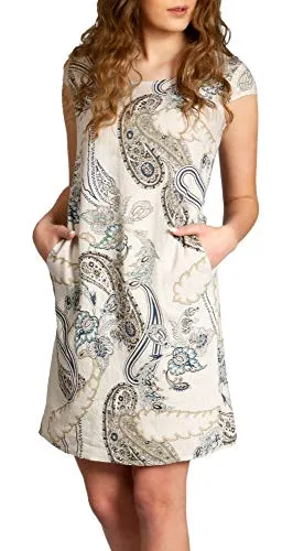 Caspar SKL022 Damen Sommer Leinenkleid - Freizeitkleid aus 100% Leinen mit klassischem Paisley Print, ideal für heiße Sommertage und in großen Größen bis 50 erhältlich.